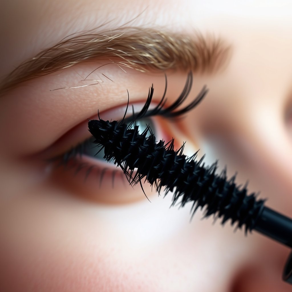 A close-up of a woman applying mascara to prevent clumping during makeup application.