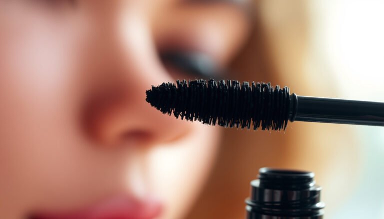 Close-up of clumpy mascara on eyelashes, illustrating common beauty issue and solutions.