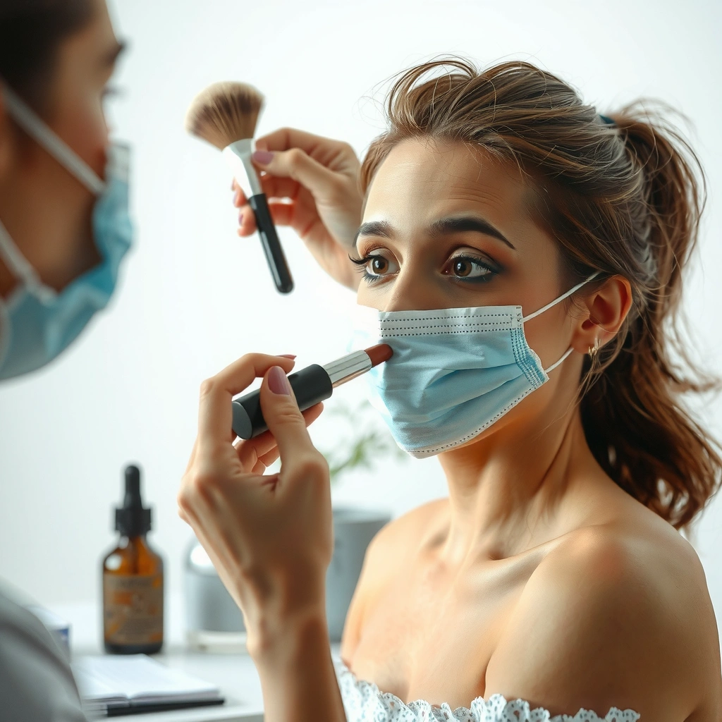 A woman looking concerned about the effects of sleeping with makeup on her skin
