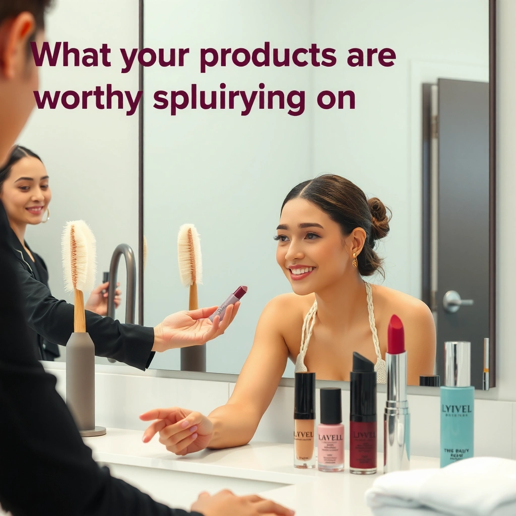 An array of luxurious beauty products showcasing where splurging pays off in skincare and makeup.