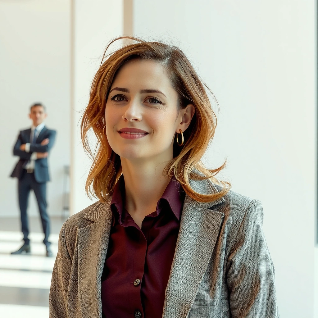 A stylish woman in business casual attire, showcasing examples of women's business casual outfits.