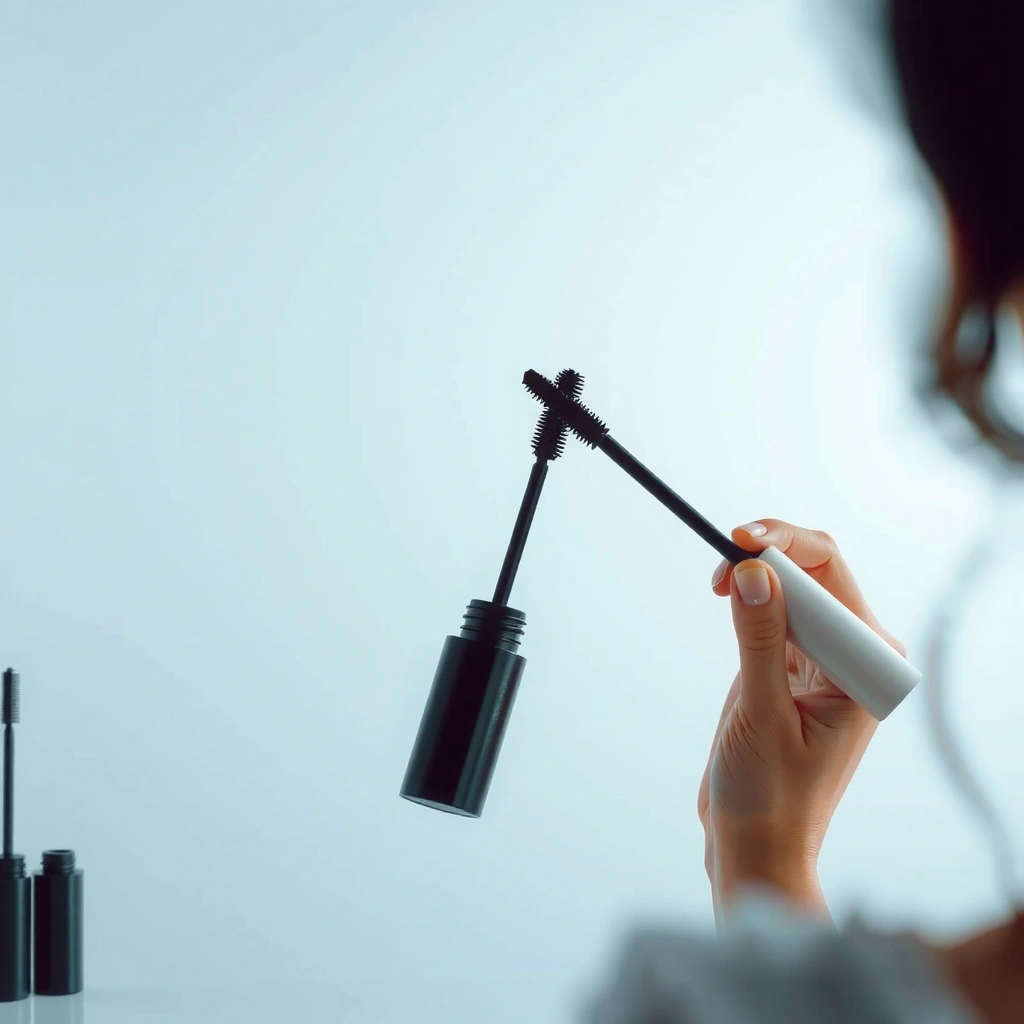 Close-up of mascara wand and lashes showing clumping due to shape, dryness, and buildup